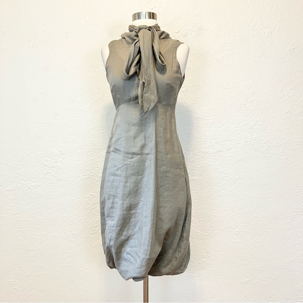 Sarah Pacini Dress Linen Beige Gray Tie Neck Bubble Hem 0 XS Extra Small